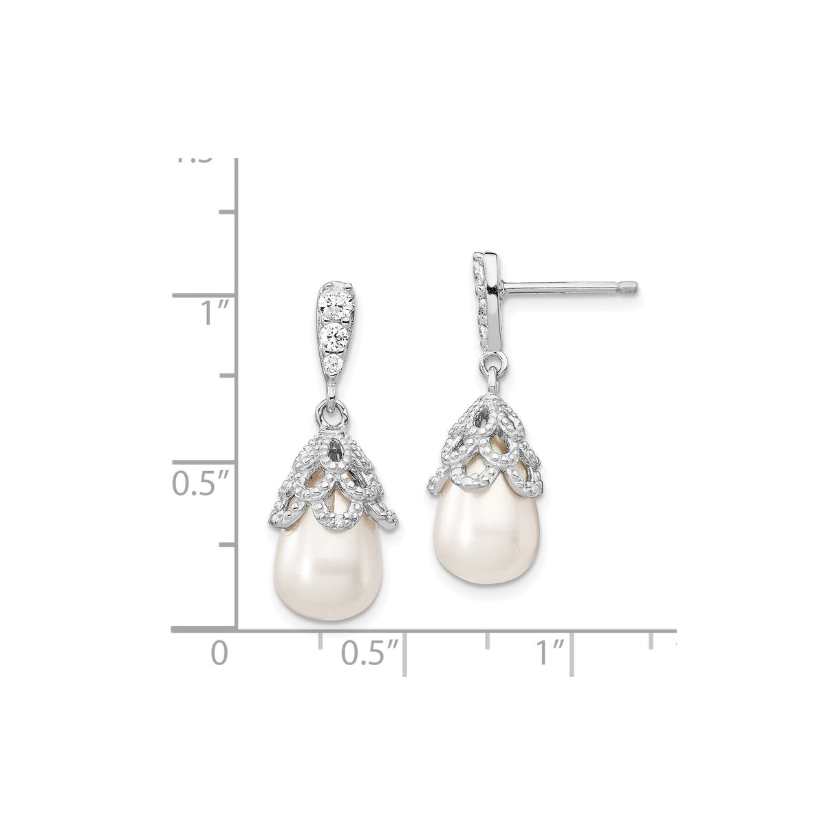 Sterling Silver Drop Earrings with Teardrop Pearls and Cubic Zirconia Filigree Design