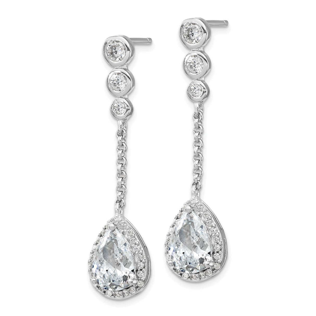 Sterling Silver Dangle Earrings with Three Bezel-Set Cubic Zirconia and Teardrop Halo Design