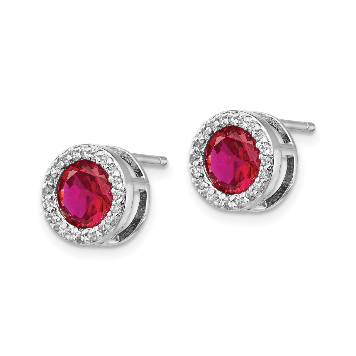 Sterling Silver Ruby Stud Earrings with Halo Setting and Cubic Zirconia Accents