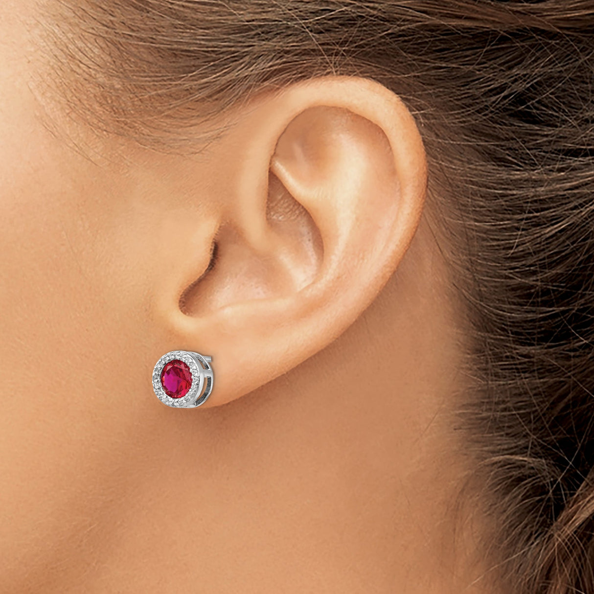 Sterling Silver Ruby Stud Earrings with Halo Setting and Cubic Zirconia Accents