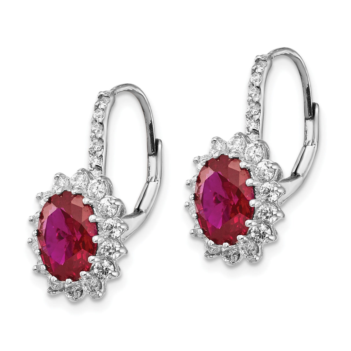 Sterling Silver Dangle Earrings with Created Ruby and Cubic Zirconia Halo Floral Design