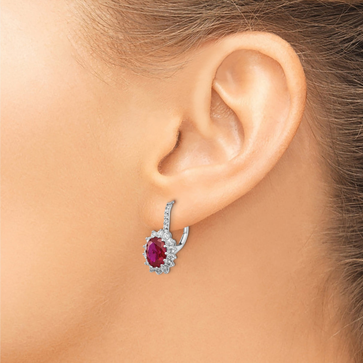 Sterling Silver Dangle Earrings with Created Ruby and Cubic Zirconia Halo Floral Design