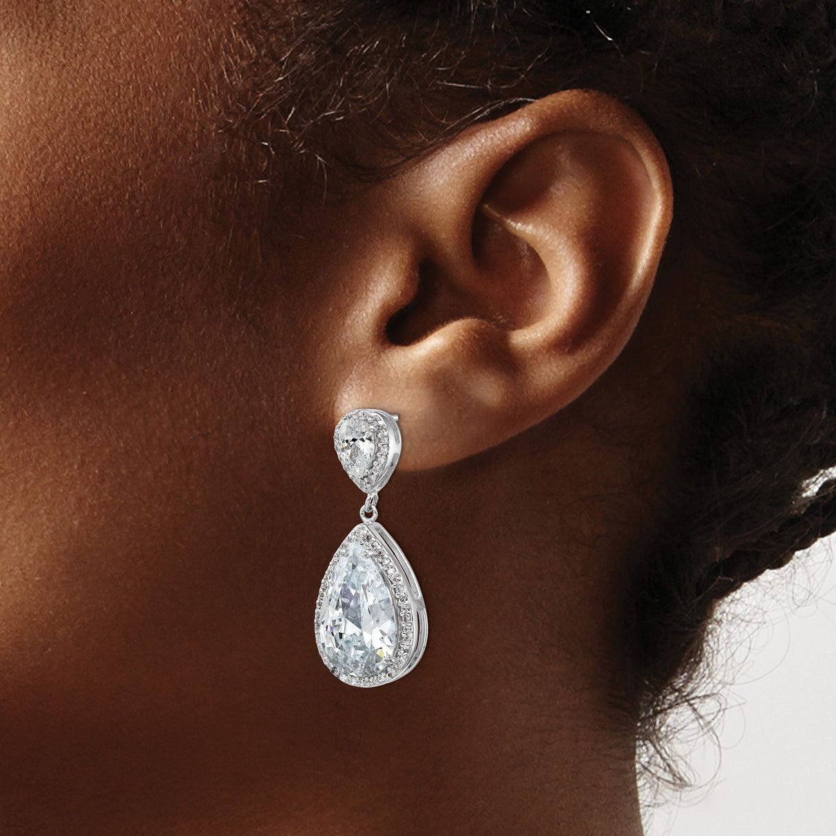 Sterling Silver Drop Earrings with Double Pear-Shaped Cubic Zirconia and Pavé Accents