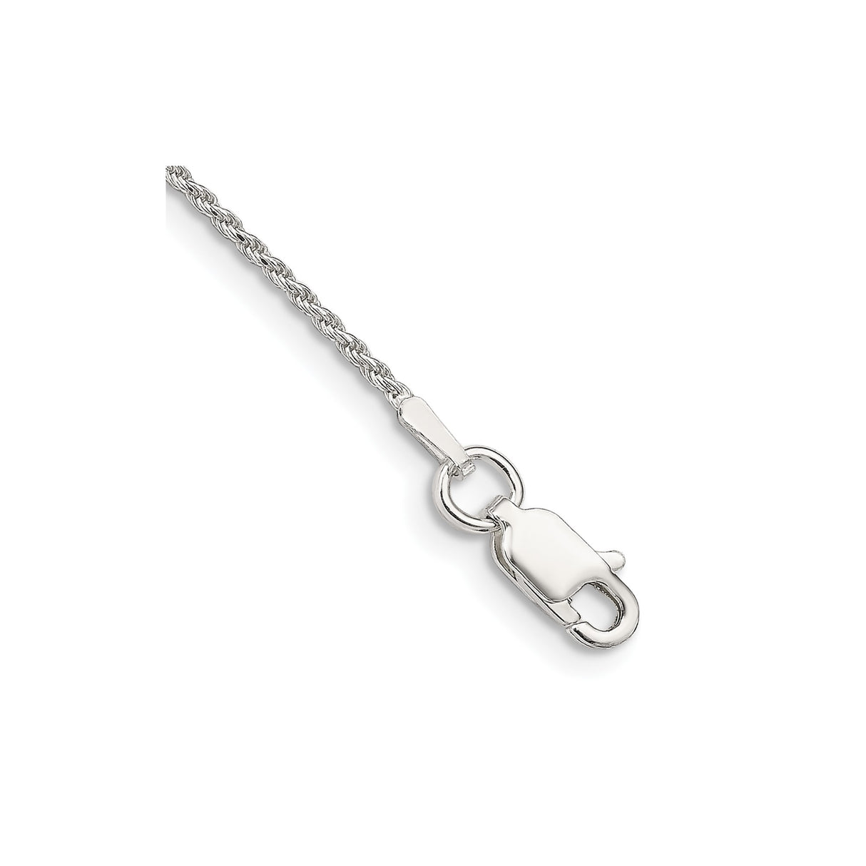 925 White Gold 1.2 mm Rope Chain Anklet, Polished shown for scale