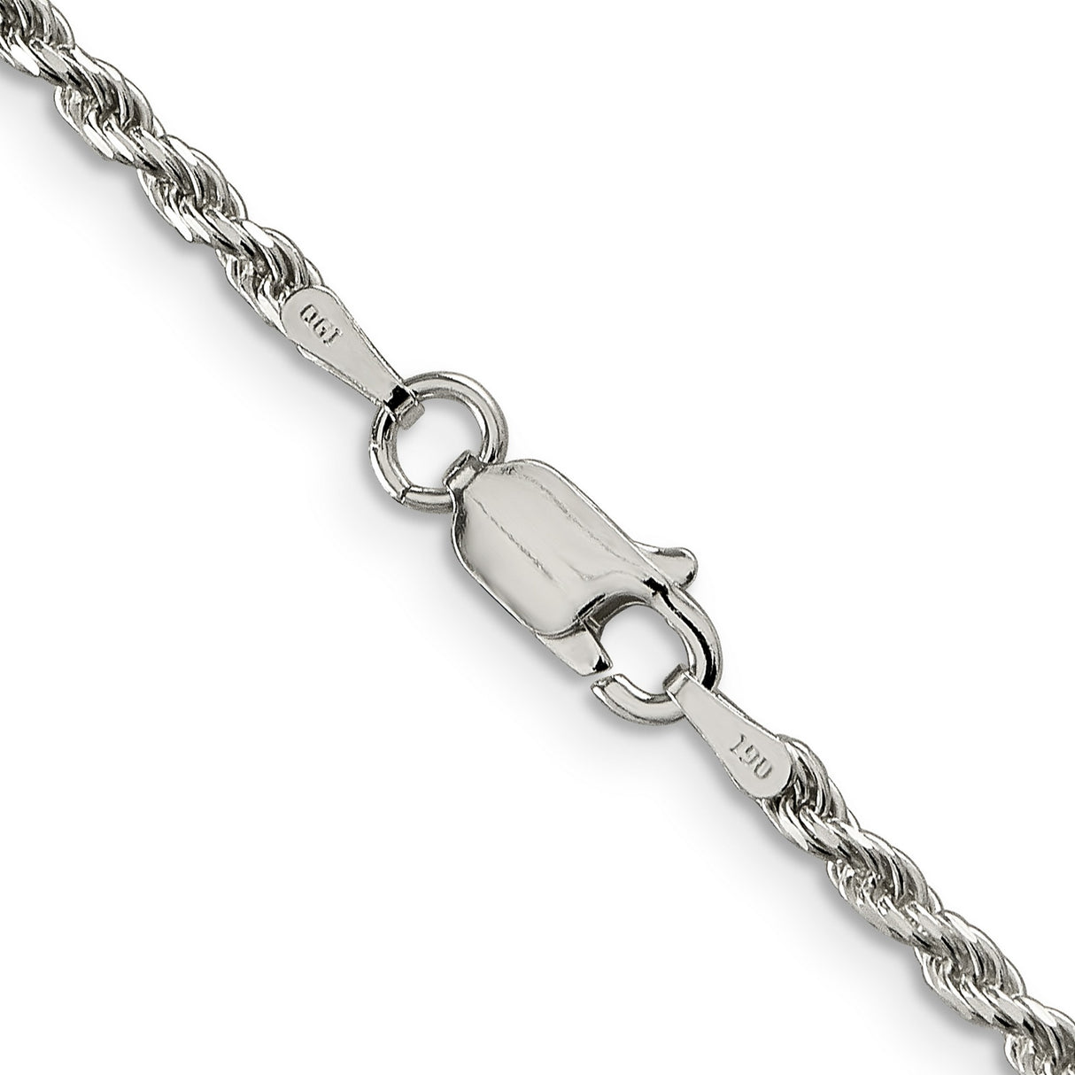 925 White Gold 2.25 mm Rope Chain Necklace, Polished alternate angle
