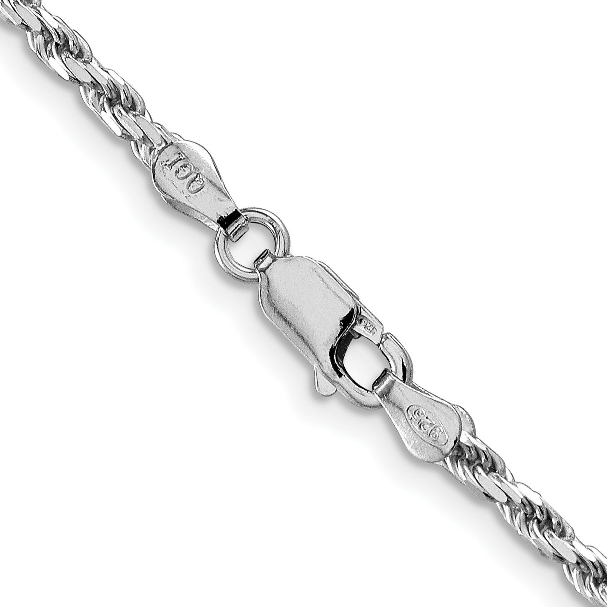 925 White Gold 2.5 mm Rope Chain Necklace, Polished alternate angle