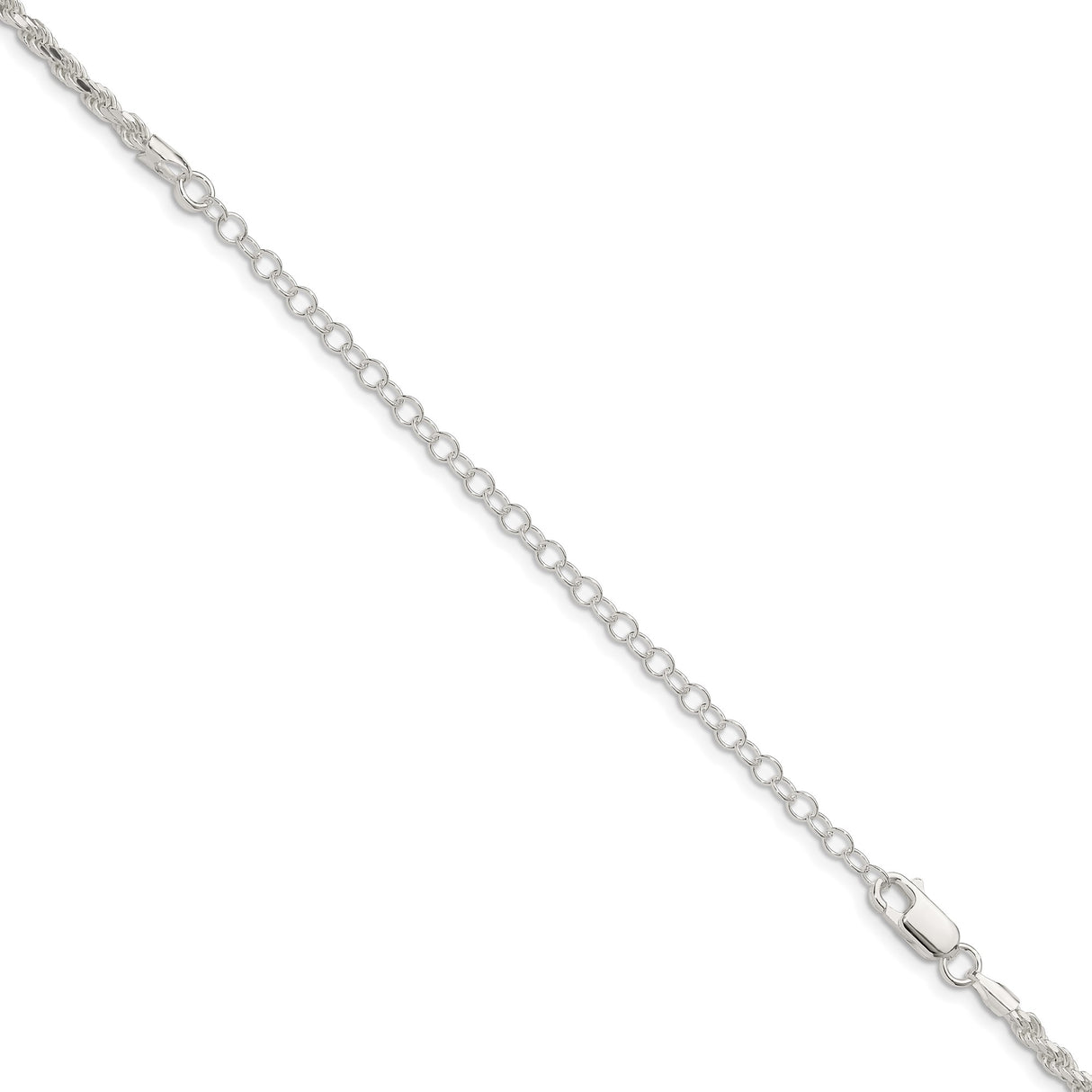 925 White Gold 2.75 mm Rope Chain Necklace, Polished detail view