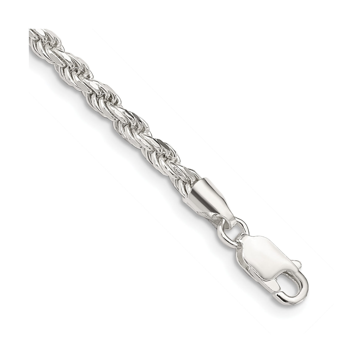 925 White Gold 3.2 mm Rope Chain Bracelet, Polished shown for scale