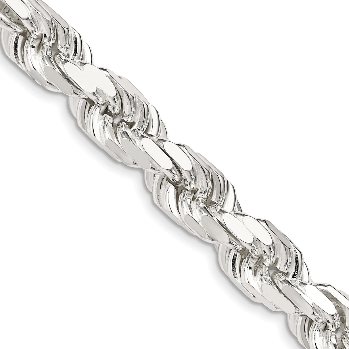 925 White Gold 9 mm Rope Chain Necklace, Polished detail view