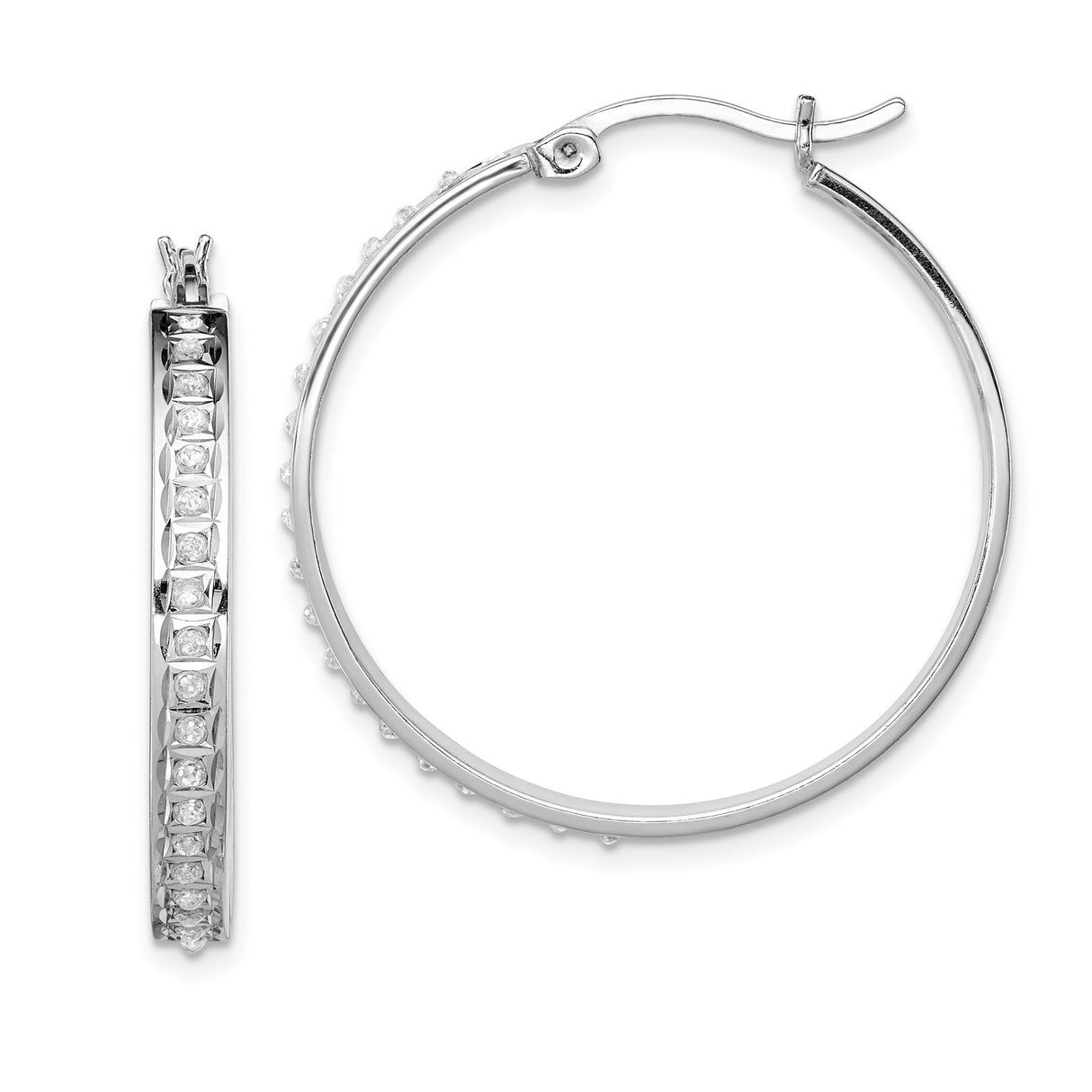 Sterling Silver Hoop Earrings with Diamond Mystique, Channel Set, Lightweight Modern Design