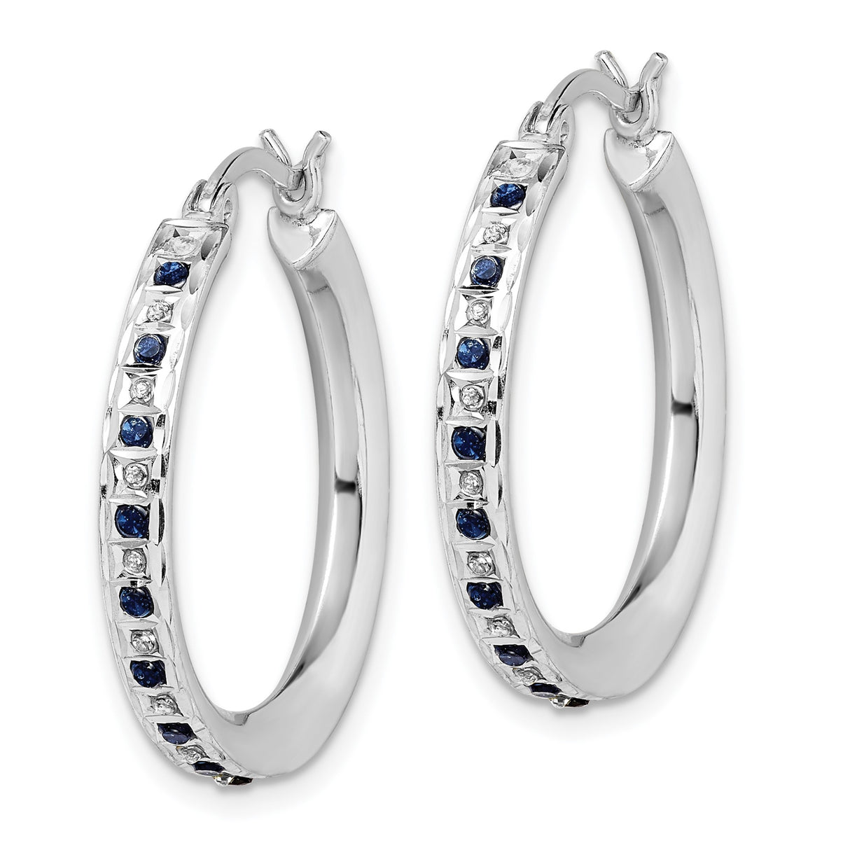 Sterling Silver Hoop Earrings with Diamond Mystique and Sapphire, Channel Set Design
