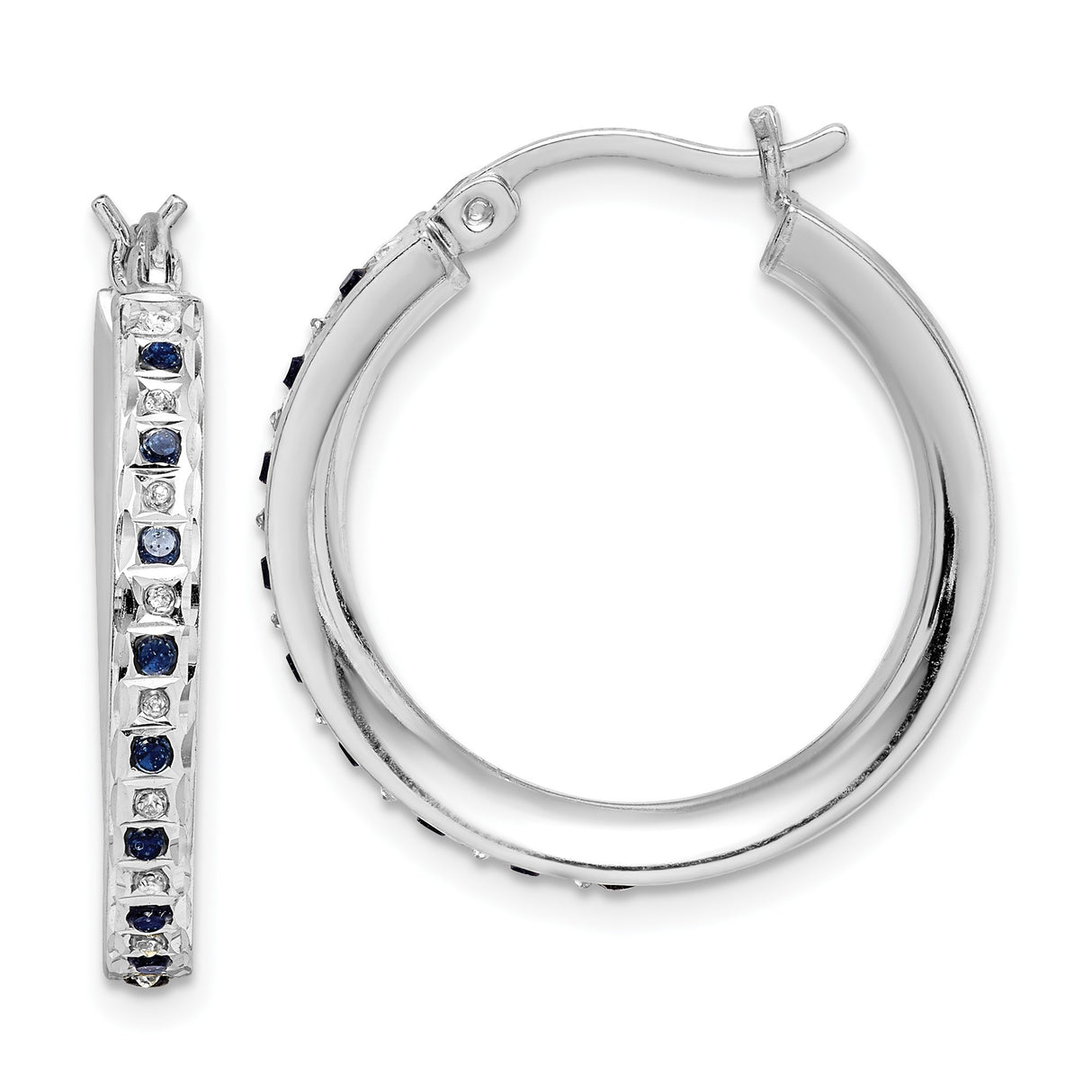 Sterling Silver Hoop Earrings with Diamond Mystique and Sapphire, Channel Set Design