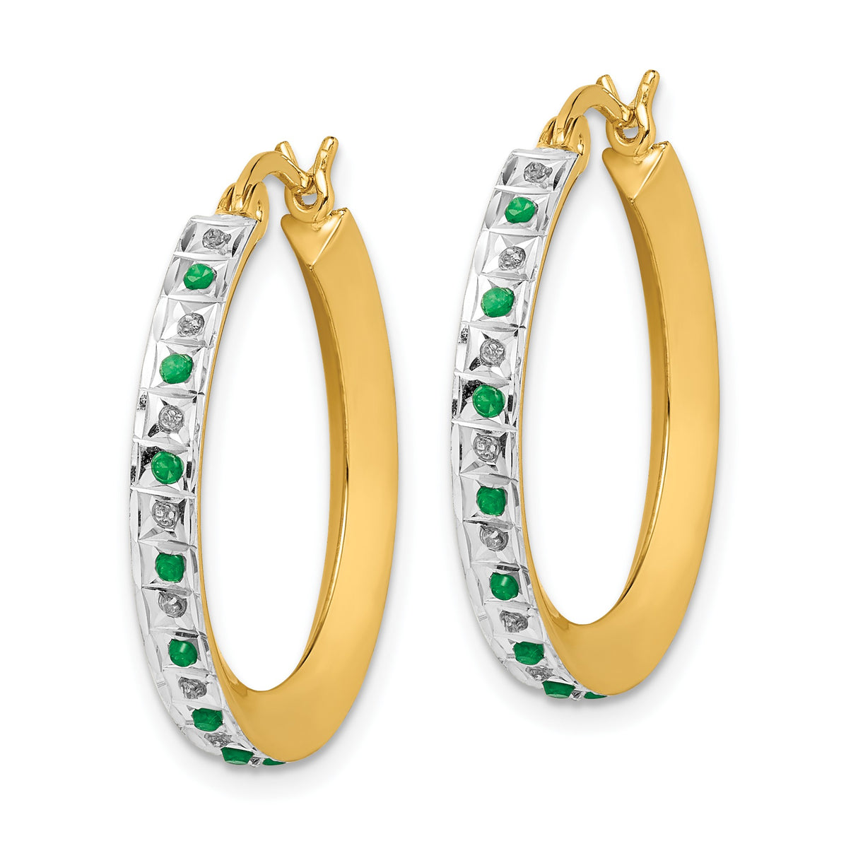 Sterling Silver Hoop Earrings with Diamond Mystique and Emerald in Two-Tone Channel Setting