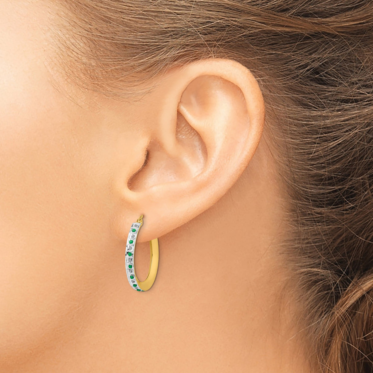 Sterling Silver Hoop Earrings with Diamond Mystique and Emerald in Two-Tone Channel Setting