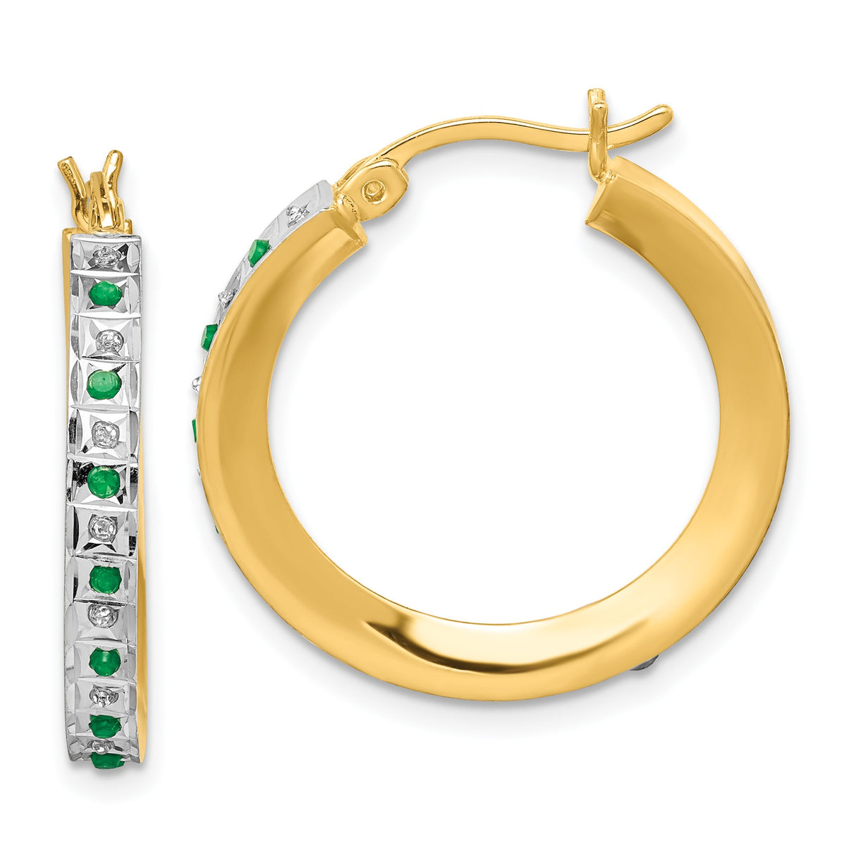 Sterling Silver Hoop Earrings with Diamond Mystique and Emerald in Two-Tone Channel Setting