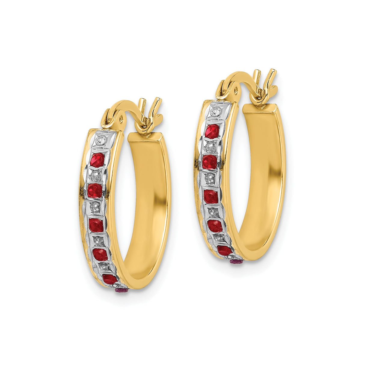 Sterling Silver Hoop Earrings with Ruby and Diamond Mystique, Two Tone Channel Set Design