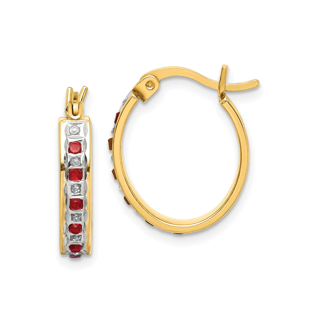 Sterling Silver Hoop Earrings with Ruby and Diamond Mystique, Two Tone Channel Set Design