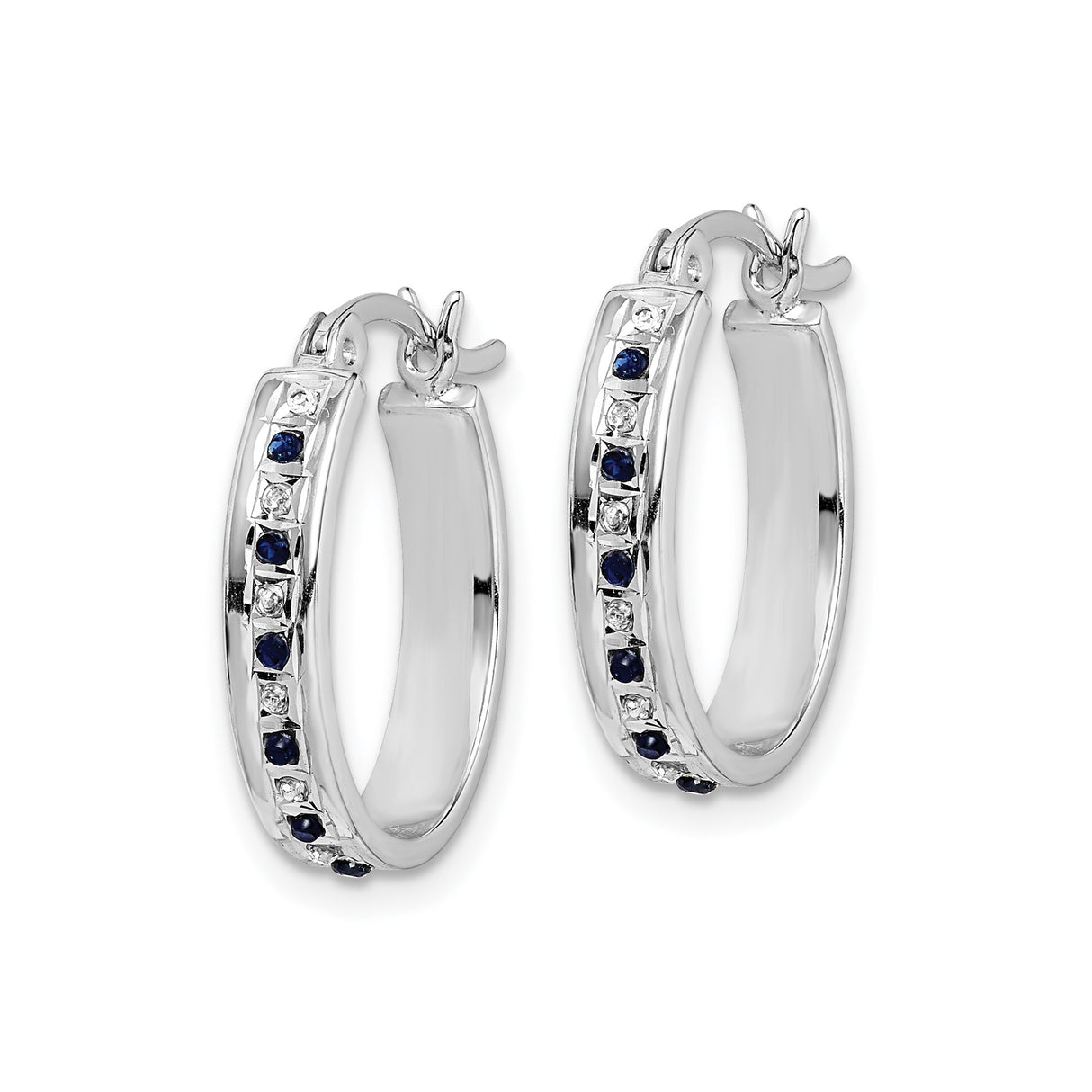 Sterling Silver Hoop Earrings with Diamond Mystique and Sapphire, Channel Set Oval Design