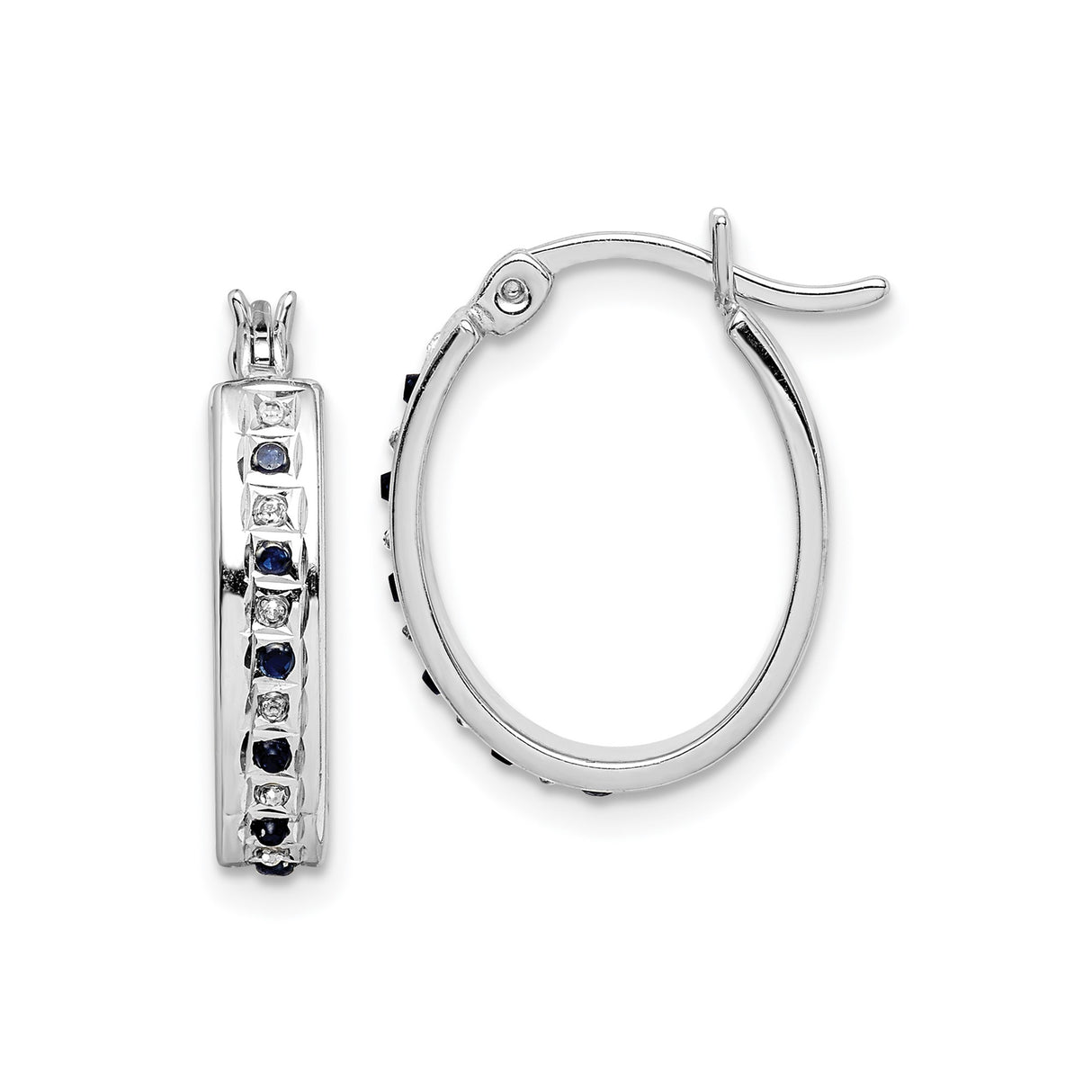 Sterling Silver Hoop Earrings with Diamond Mystique and Sapphire, Channel Set Oval Design
