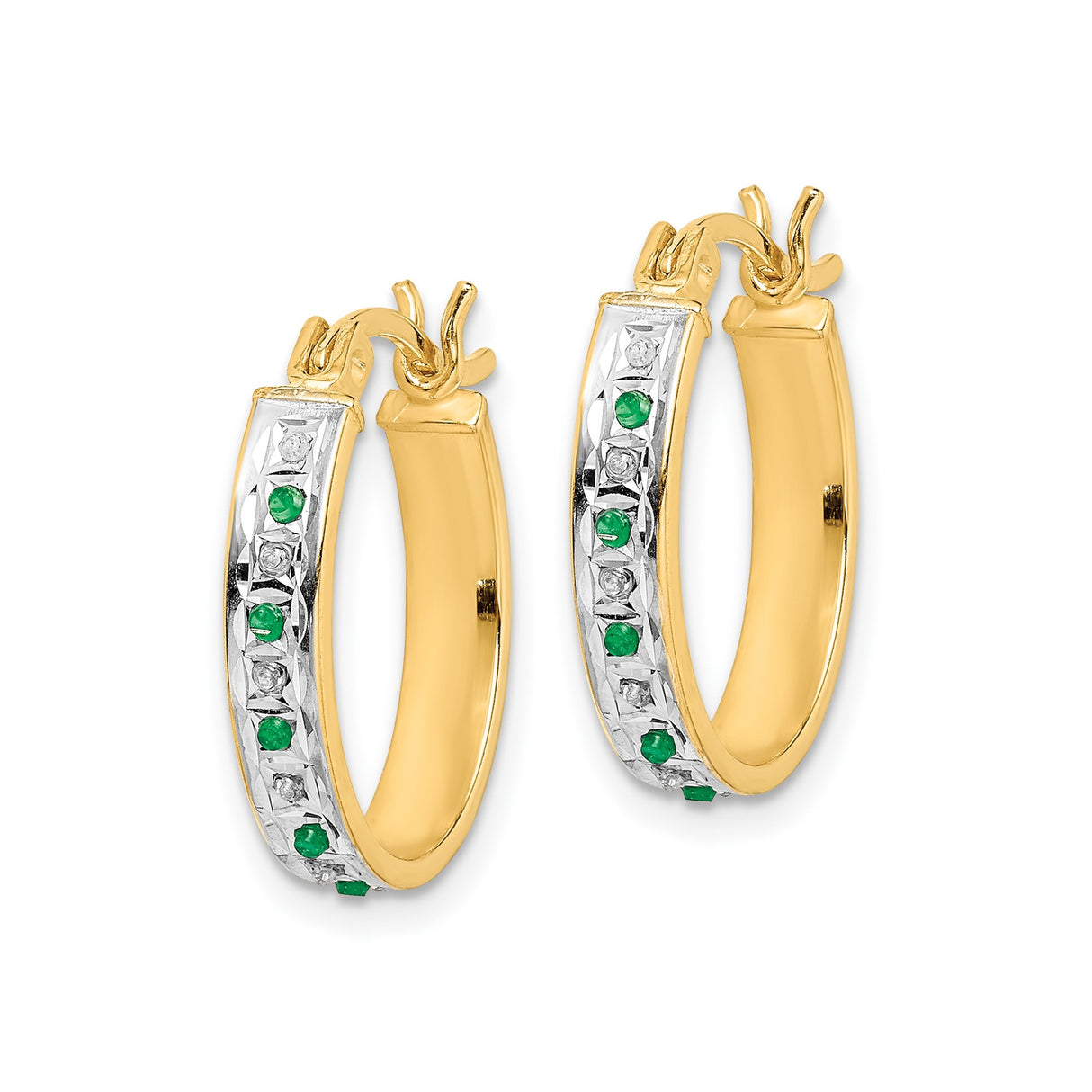 Sterling Silver Hoop Earrings with Diamond Mystique and Emerald, Dual-Tone Modern Oval Design
