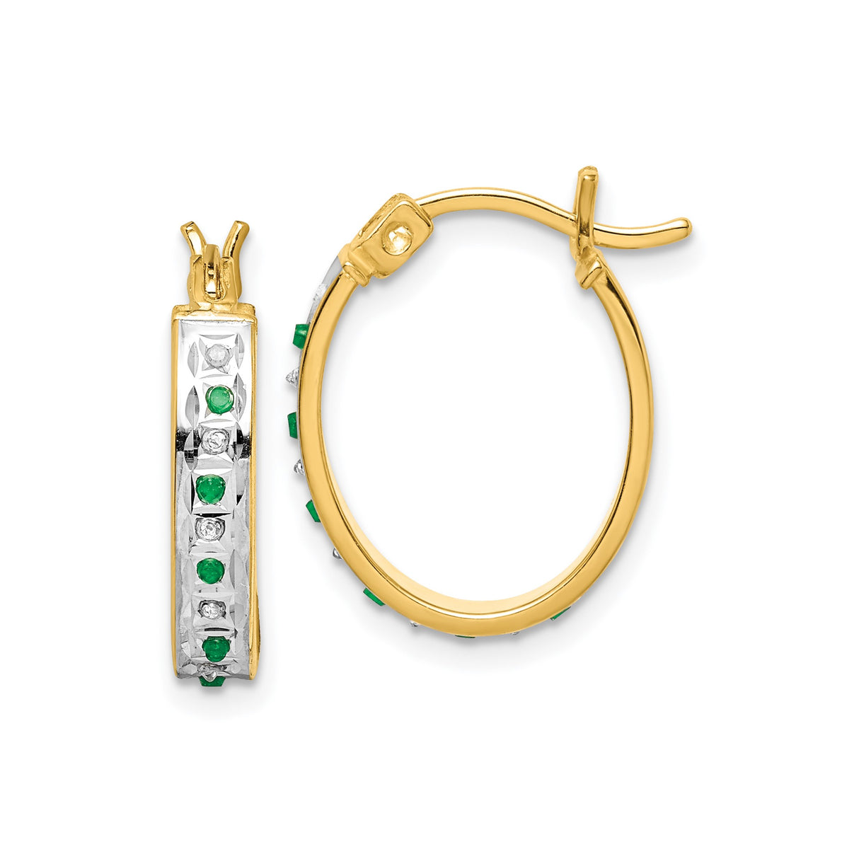 Sterling Silver Hoop Earrings with Diamond Mystique and Emerald, Dual-Tone Modern Oval Design