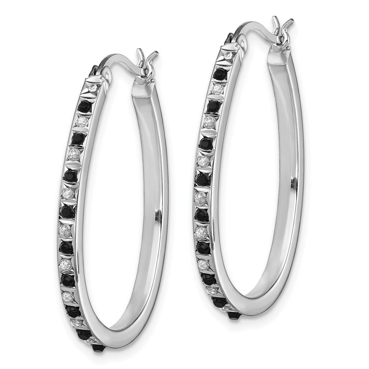 Sterling Silver Hoop Earrings with Black and White Square Cut Diamond Mystique Stones, Geometric Style