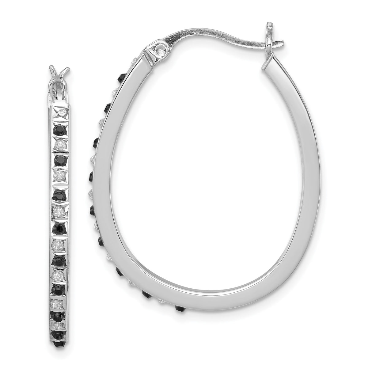 Sterling Silver Hoop Earrings with Black and White Square Cut Diamond Mystique Stones, Geometric Style