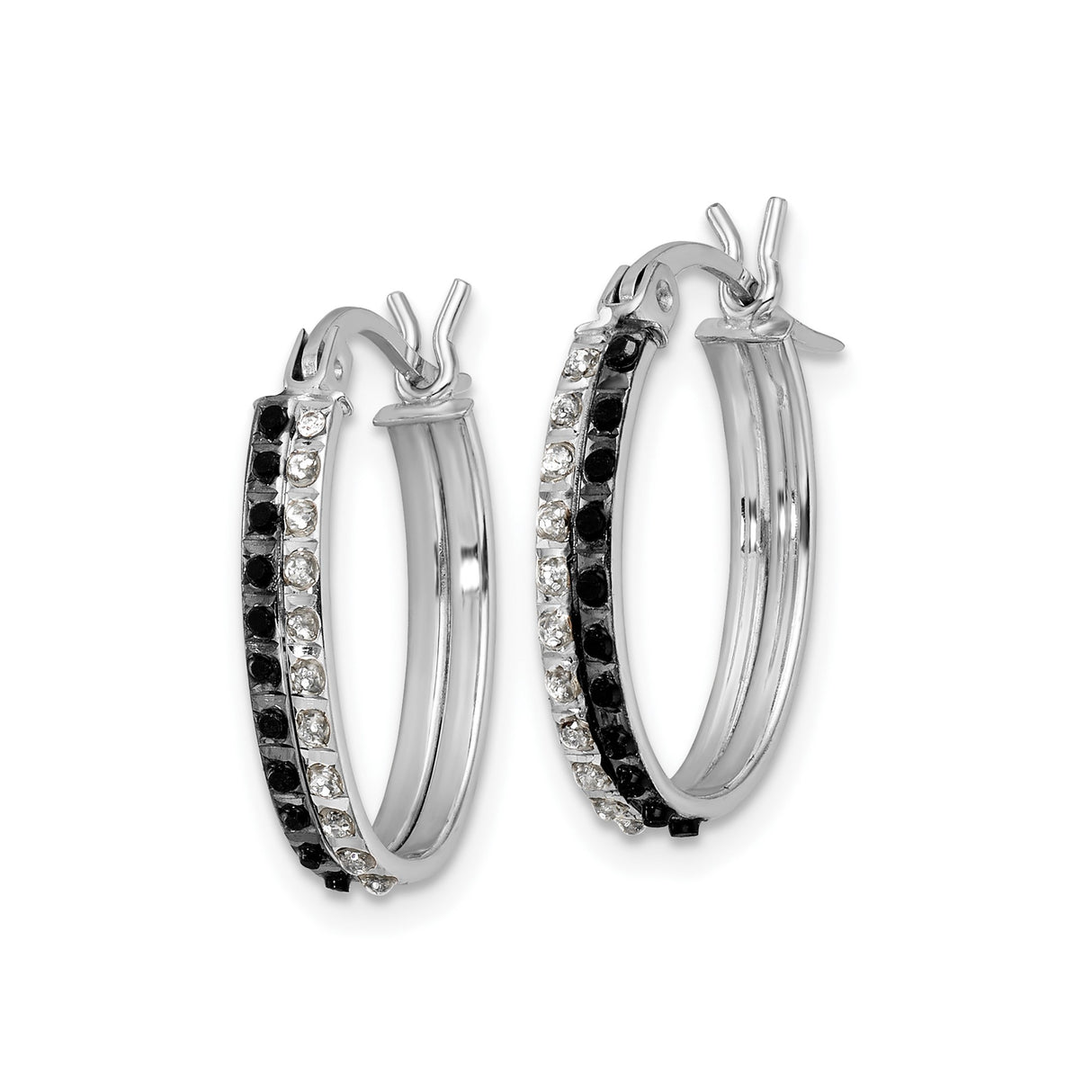 Sterling Silver Hoop Earrings with Alternating Black and White Cubic Zirconia, Oval Hinged Design