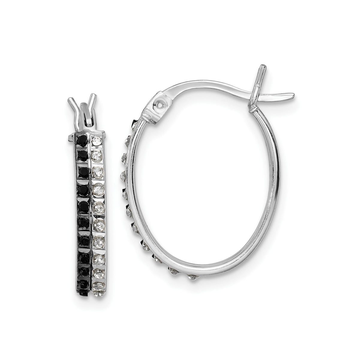 Sterling Silver Hoop Earrings with Alternating Black and White Cubic Zirconia, Oval Hinged Design