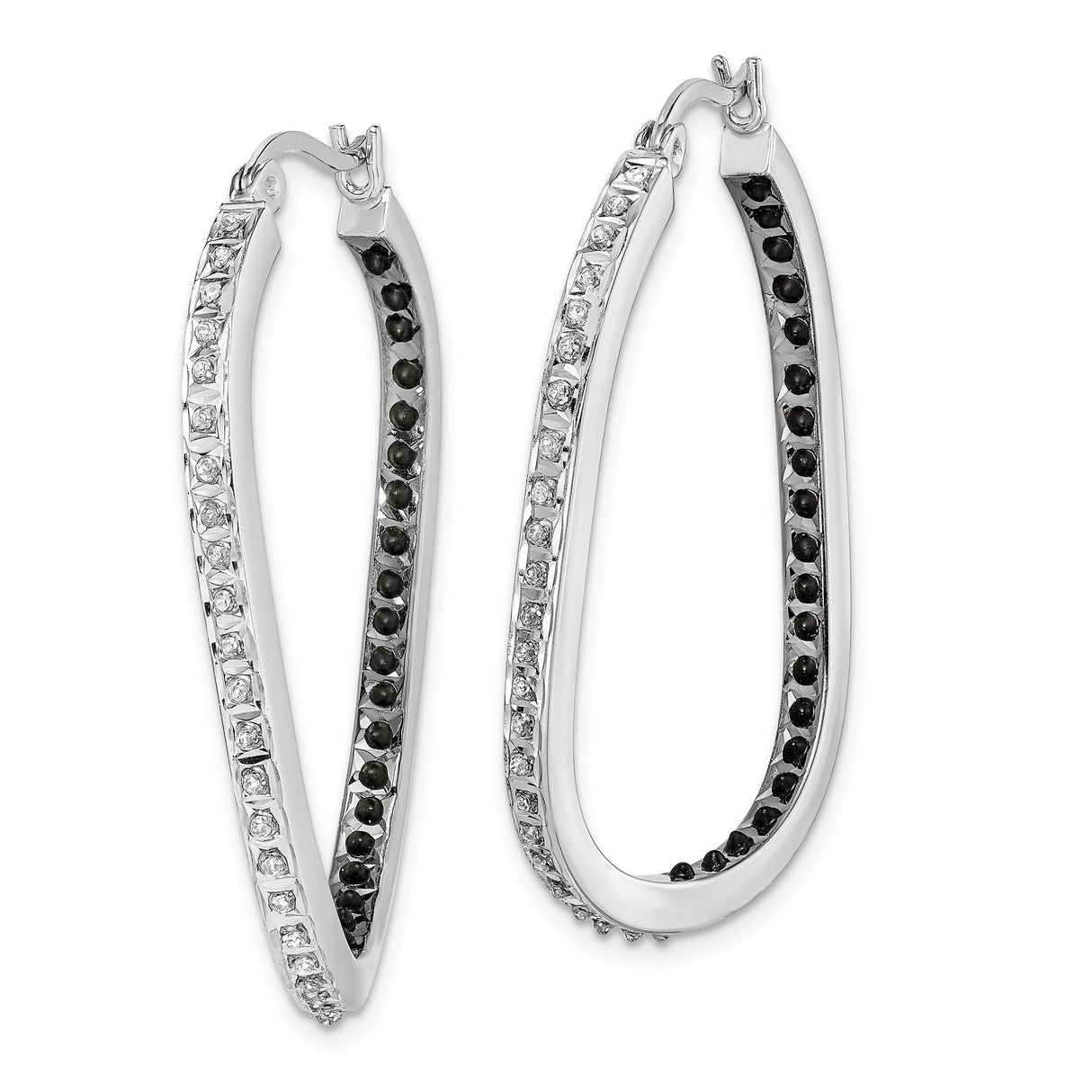 Sterling Silver Oval Hoop Earrings with Diamond Mystique, Twisted Design, Black and White CZ