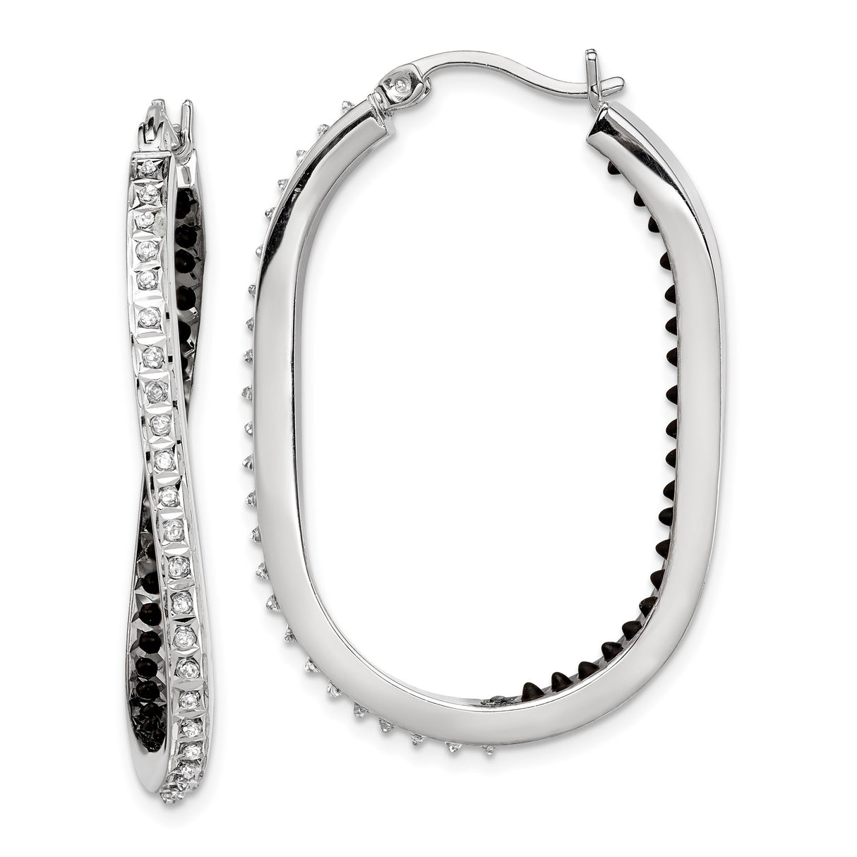 Sterling Silver Oval Hoop Earrings with Diamond Mystique, Twisted Design, Black and White CZ