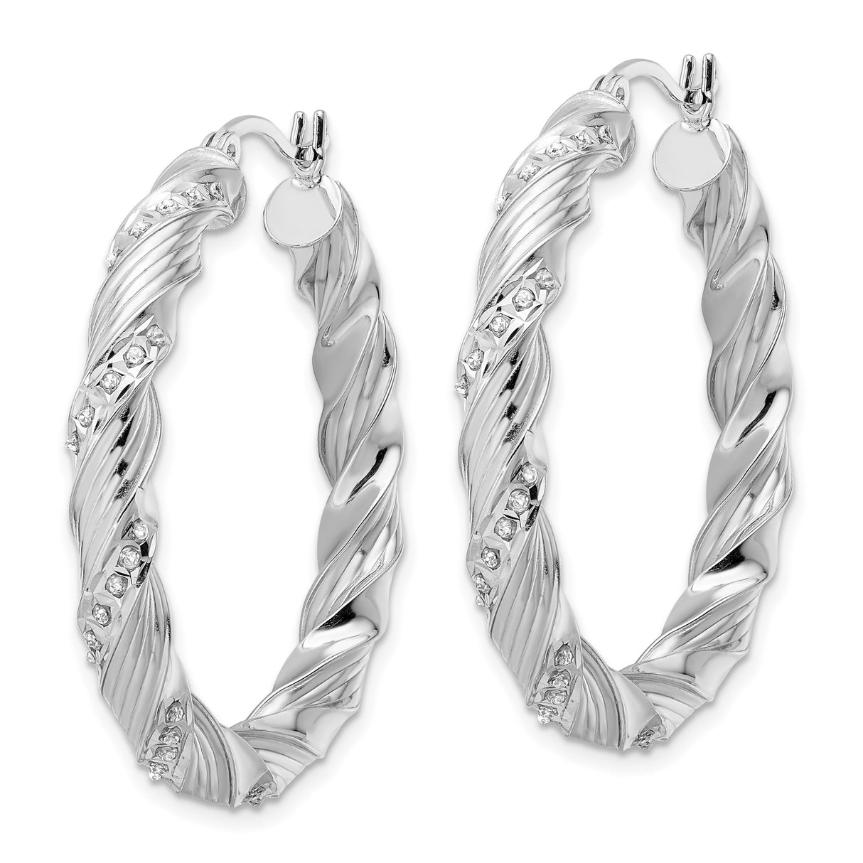 Sterling Silver Twisted Hoop Earrings with Diamond Mystique Accents, Polished and Textured Design