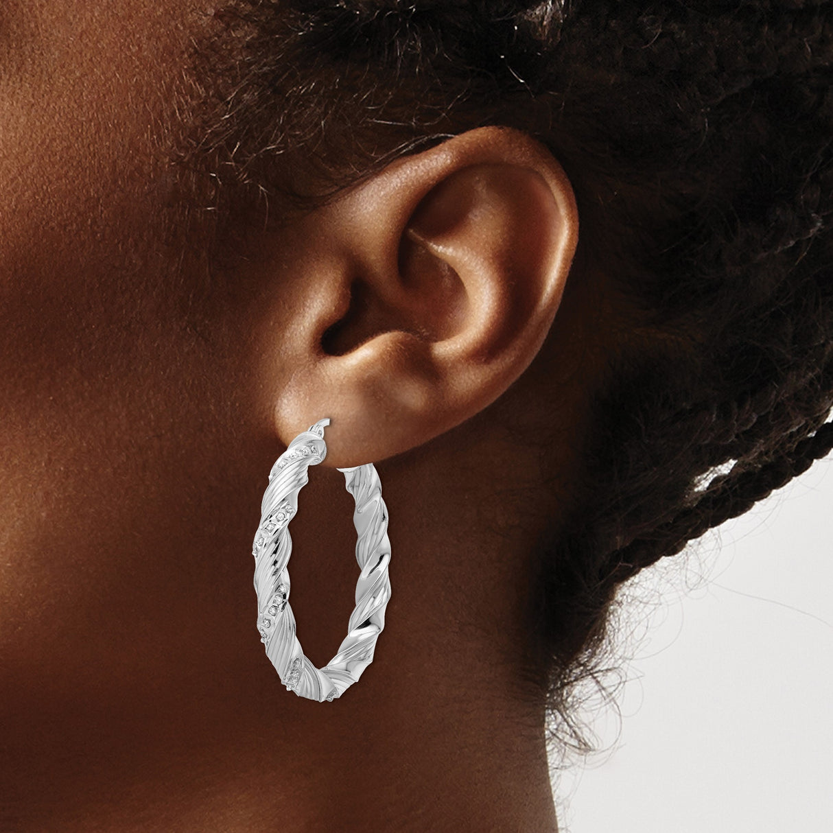 Sterling Silver Twisted Hoop Earrings with Diamond Mystique Accents, Polished and Textured Design