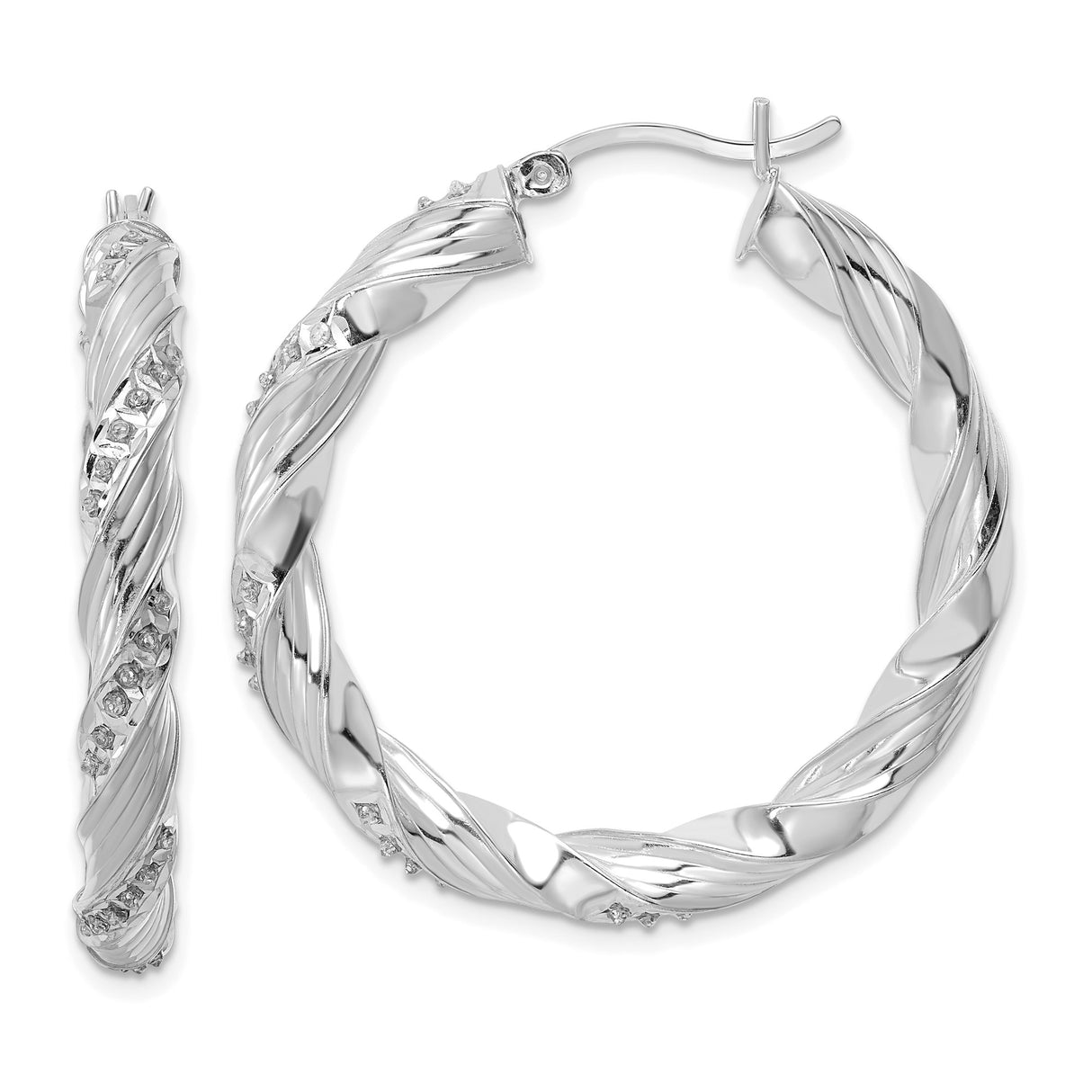 Sterling Silver Twisted Hoop Earrings with Diamond Mystique Accents, Polished and Textured Design