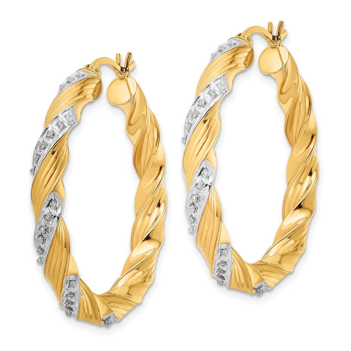 Sterling Silver Twisted Hoop Earrings with Diamond Mystique and Dual Tone Swirl Design