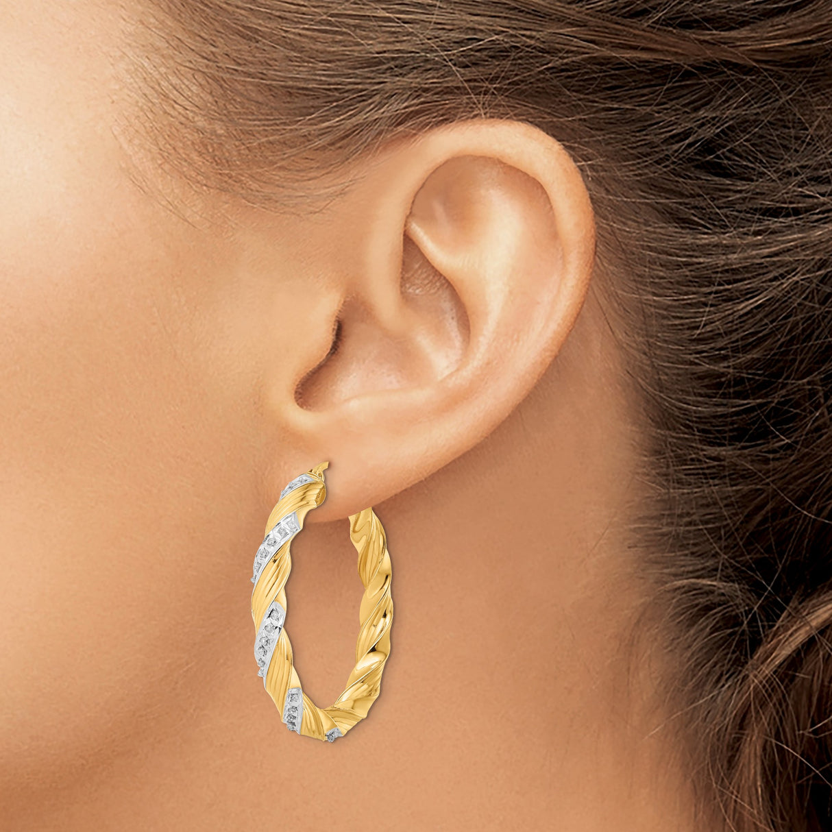 Sterling Silver Twisted Hoop Earrings with Diamond Mystique and Dual Tone Swirl Design