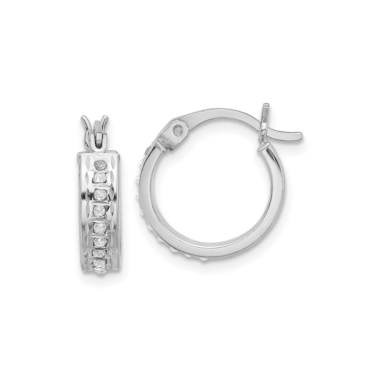 Sterling Silver Hoop Earrings with Diamond Mystique, High-Polish Textured Finish, Modern Design