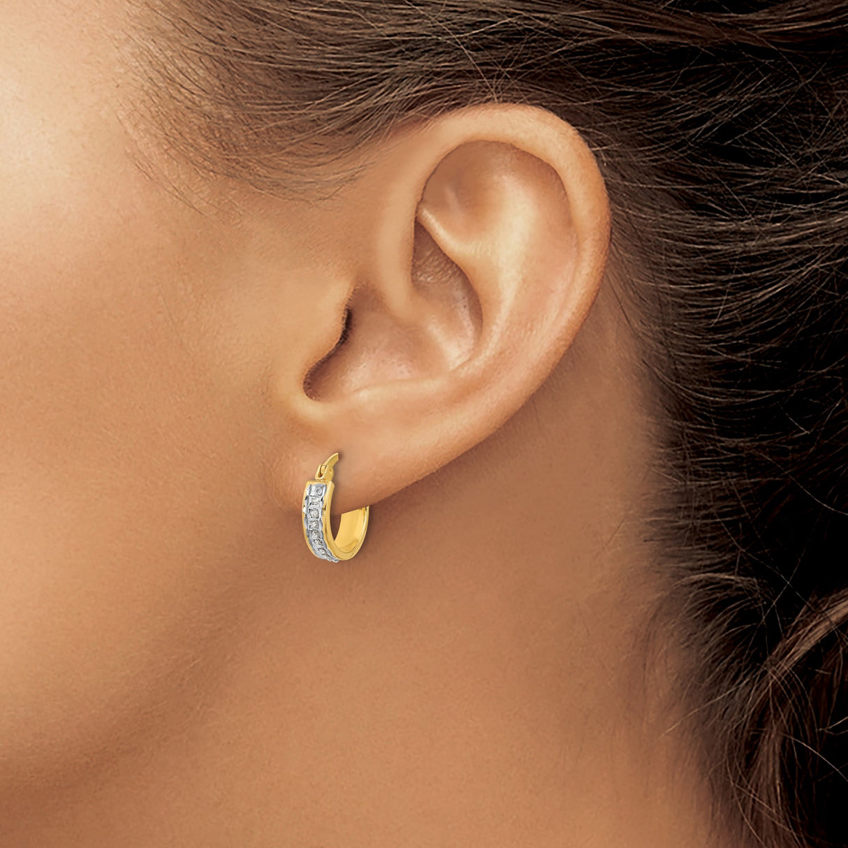 Sterling Silver Hoop Earrings with Diamond Mystique, Two Tone Design, Polished Finish