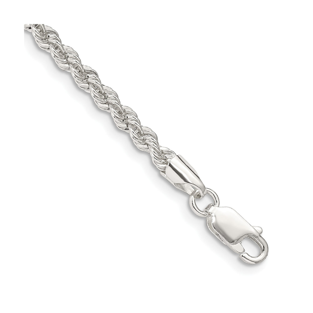 925 White Gold 3 mm Rope Chain Bracelet, Polished shown for scale