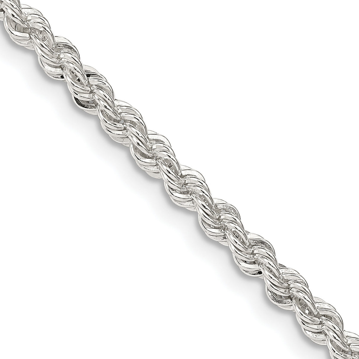 925 White Gold 3 mm Rope Chain Necklace, Polished detail view