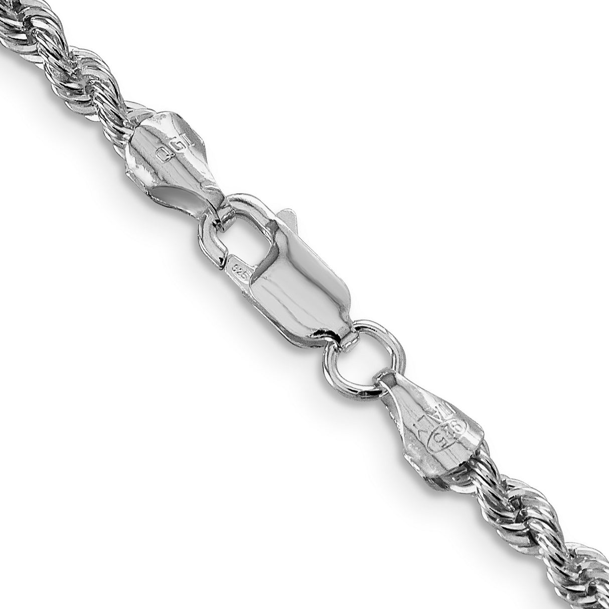925 White Gold 3 mm Rope Chain Necklace, Polished alternate angle