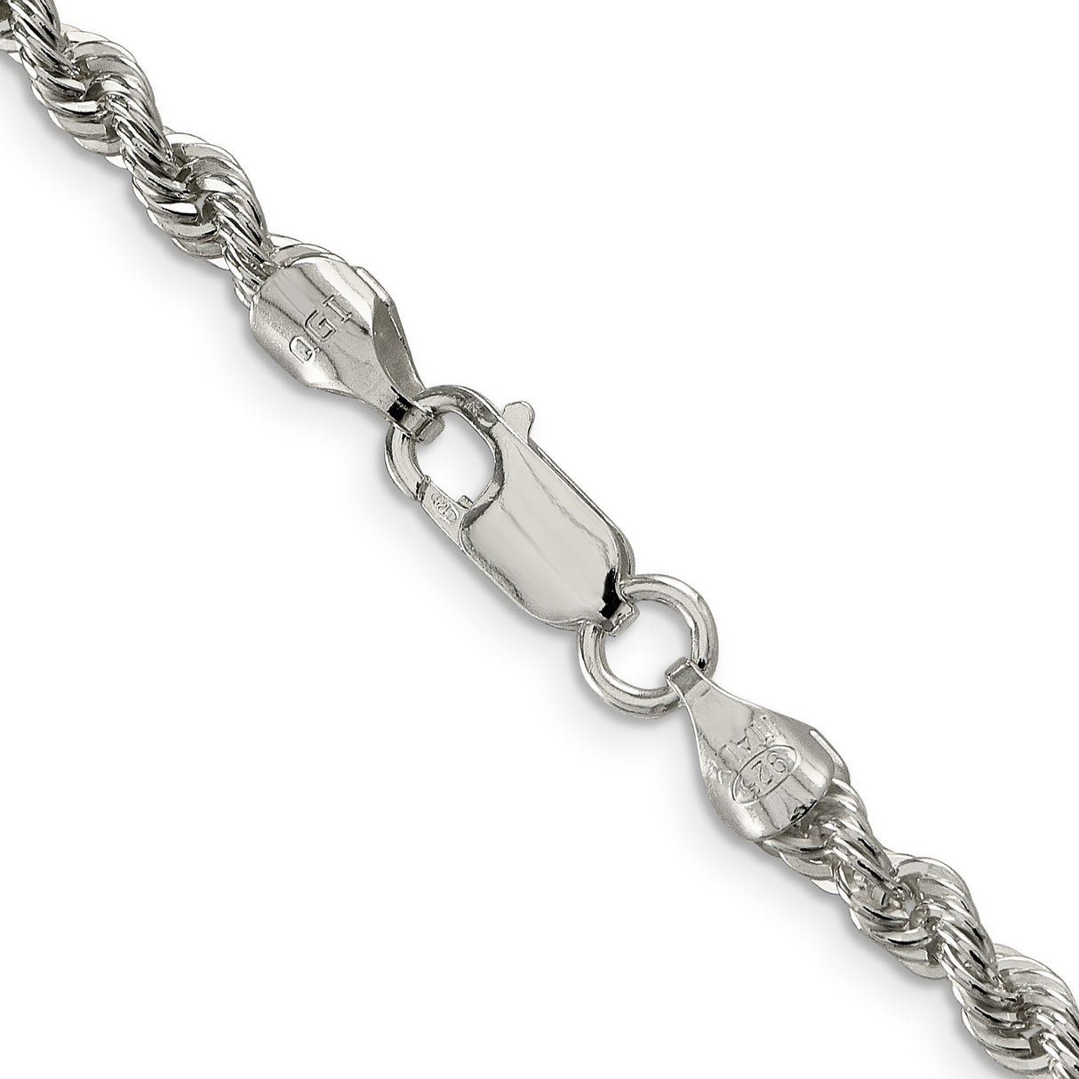 925 White Gold 4.3 mm Rope Chain Necklace, Polished alternate angle