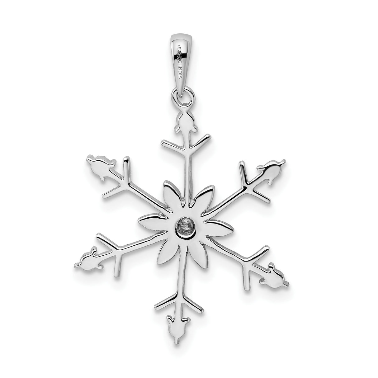 Sterling Silver Snowflake Pendant with Clear Diamond, Intricate Symmetrical Winter Design