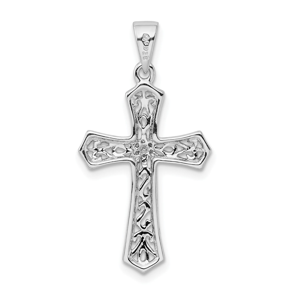 Sterling Silver Cross Pendant with Diamond, Ornate Floral Filigree and Scrollwork Design