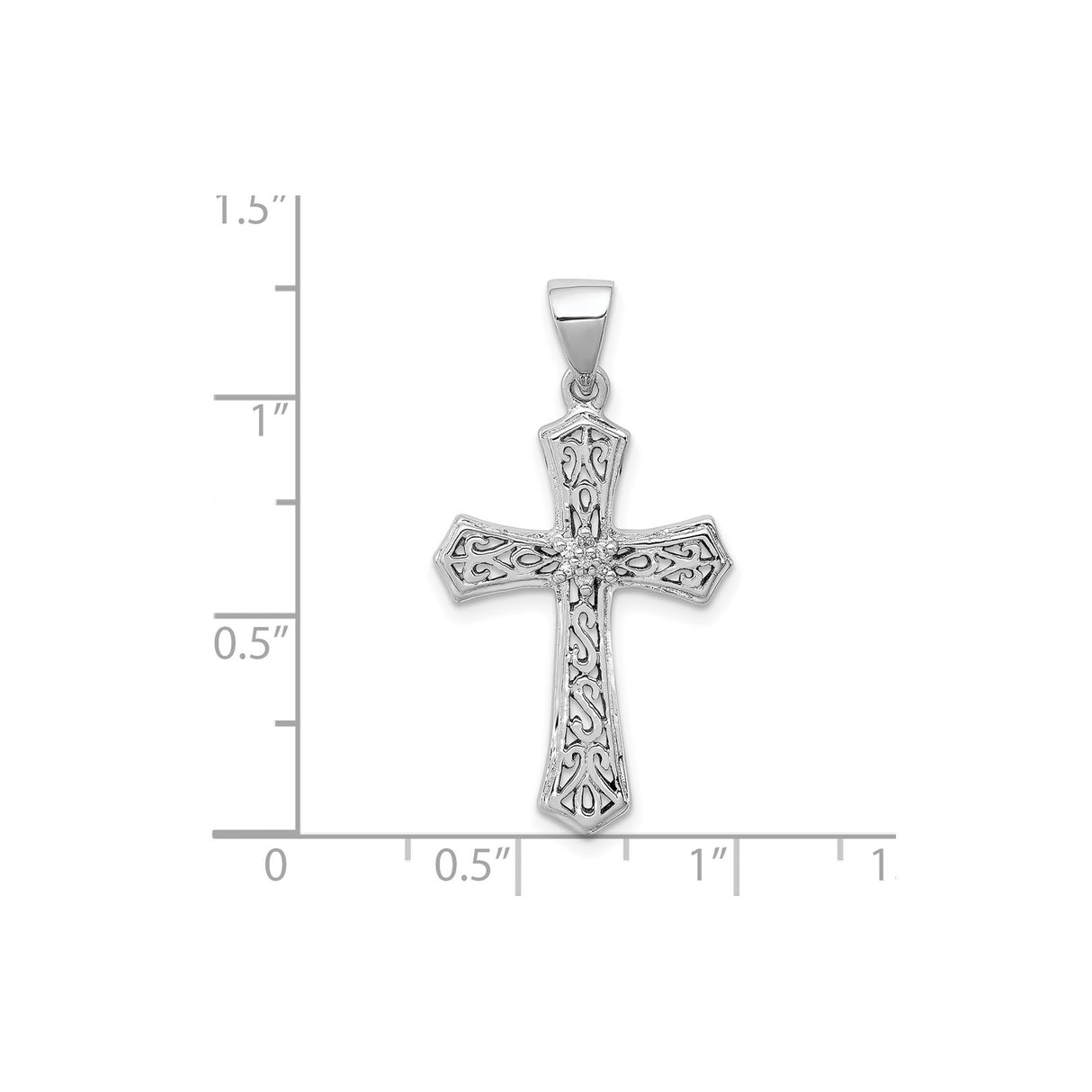 Sterling Silver Cross Pendant with Diamond, Ornate Floral Filigree and Scrollwork Design