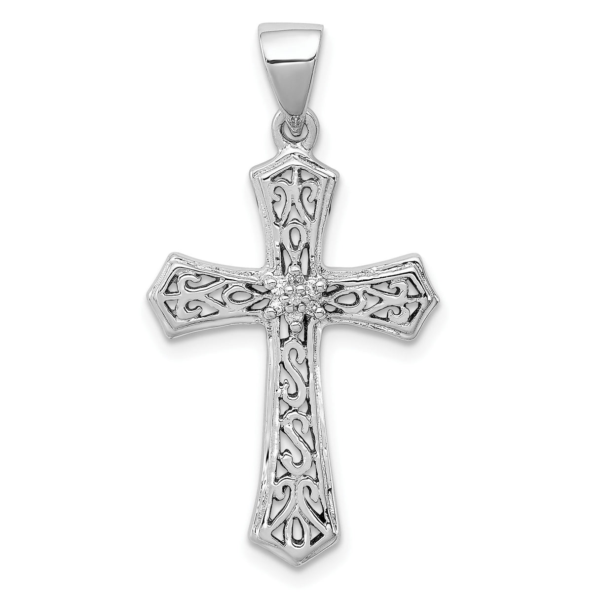 Sterling Silver Cross Pendant with Diamond, Ornate Floral Filigree and Scrollwork Design