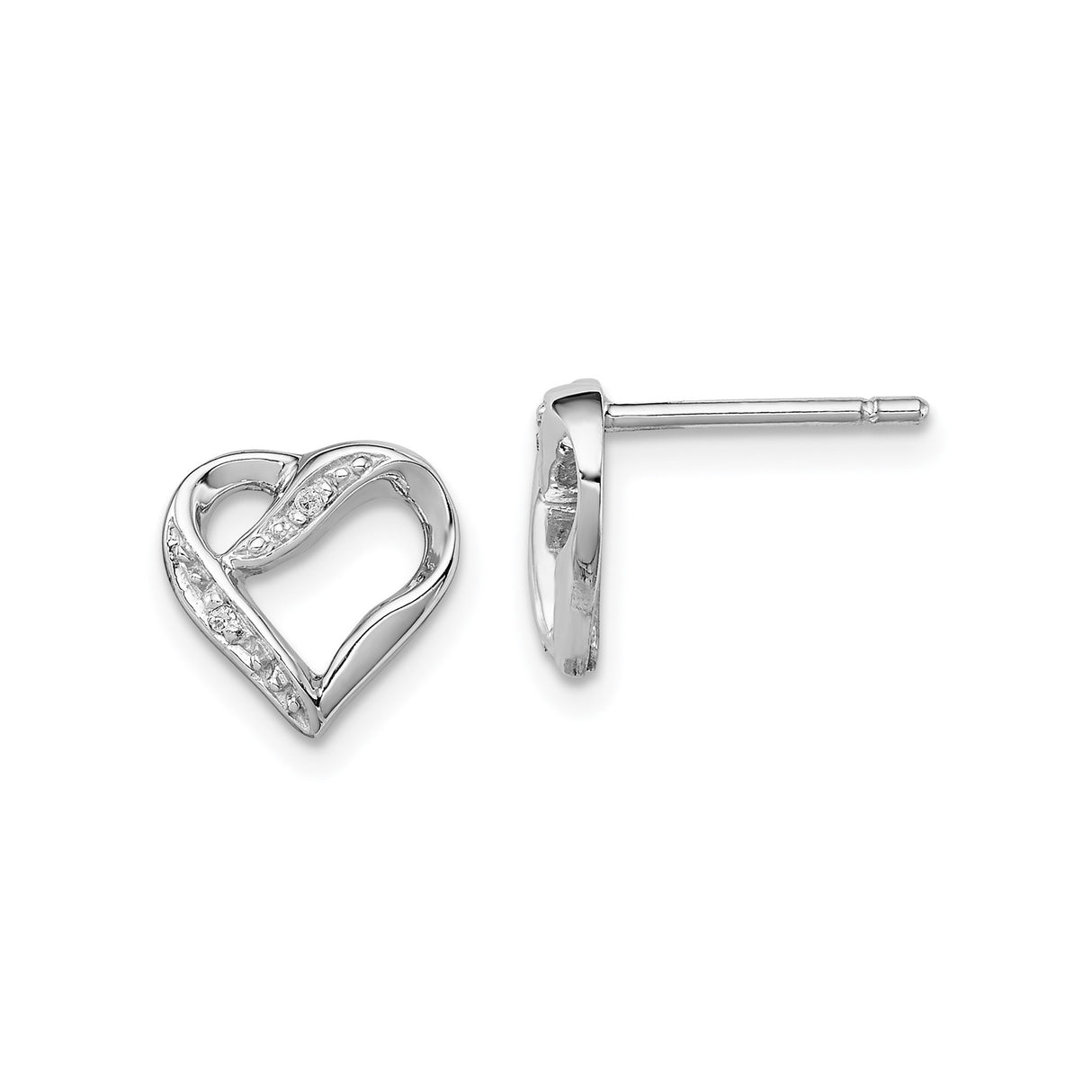 Sterling Silver Heart Stud Earrings with Diamond Accents, Open Design, Romantic Style