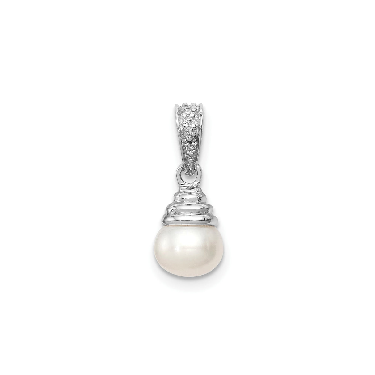 Sterling Silver Pendant with White Cultured Pearl and Diamond, Floral Bail Design