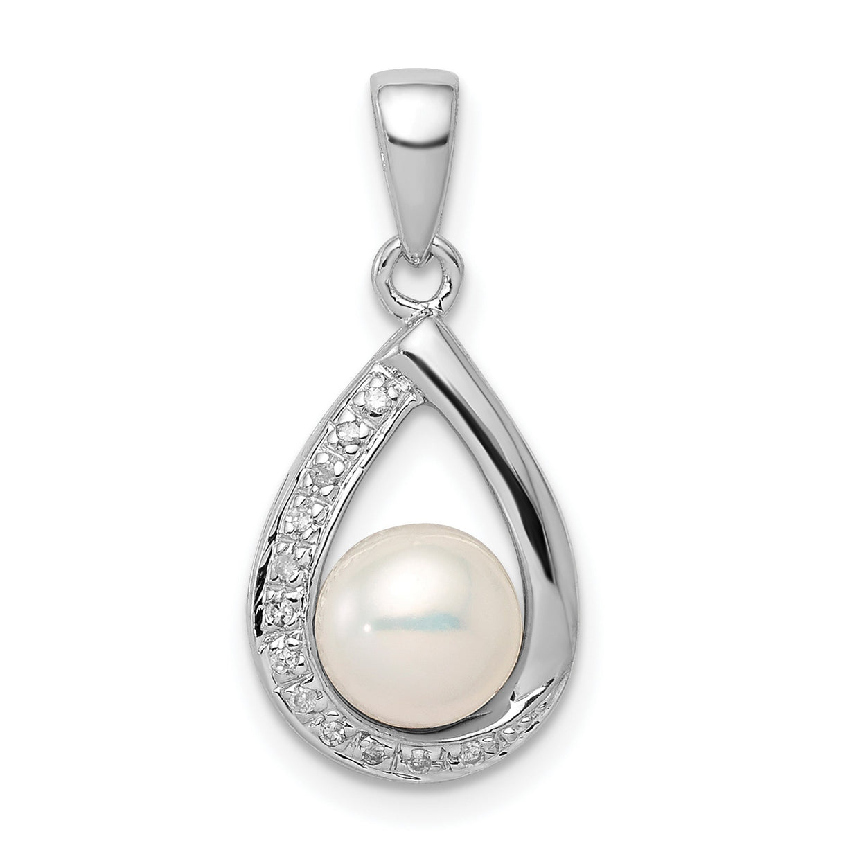 Sterling Silver Teardrop Pendant with White Pearl and Cubic Zirconia Accents