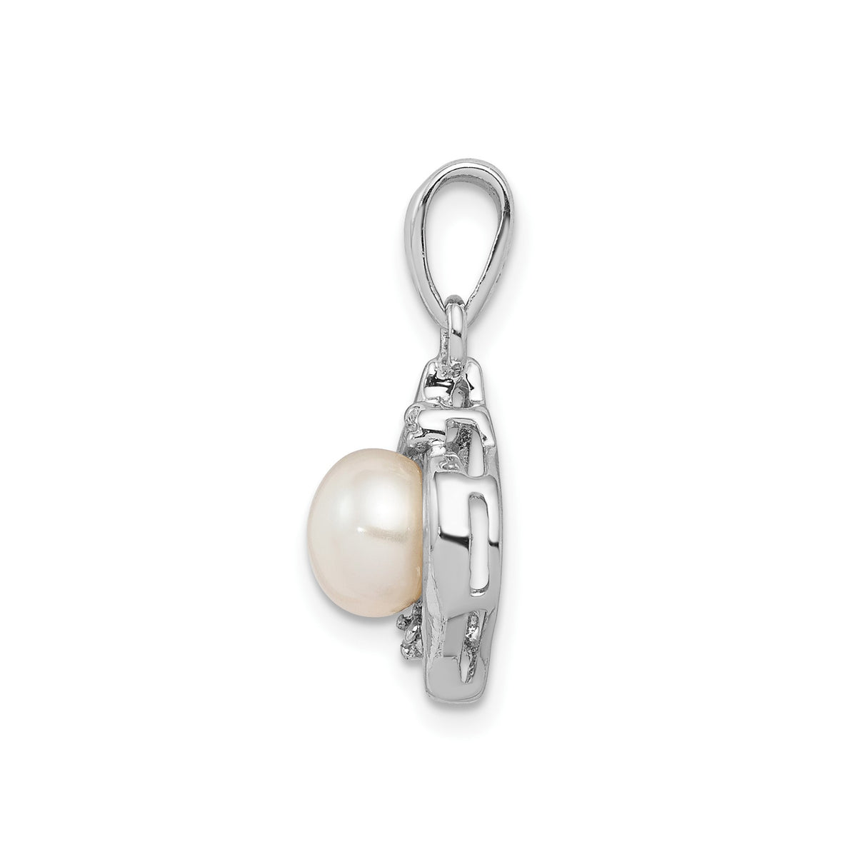 Sterling Silver Pendant with Cultured White Pearl, Floral Accent and Diamonds